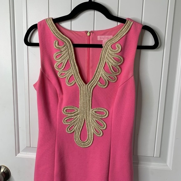Lilly Pulitzer Sleeveless‎ Sheath Dress Gold Trim Pink Cotton Blend Size Small - Picture 2 of 6